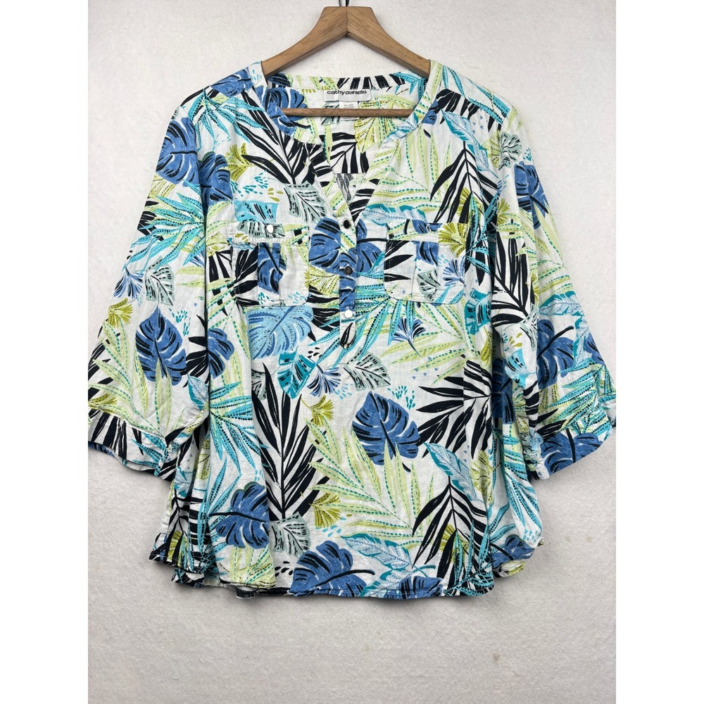 Cathy Daniels Linen Shirt Womens 2X Tropical Print Roll Tab Sleeve Boho‎ Coastal